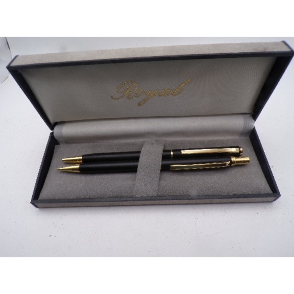 Royal Pen and Mechanical Pencil Set Matte Black Gold Tone Trim with Grey Box
